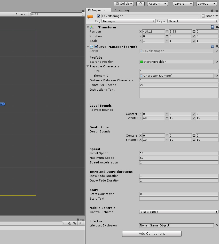 LevelManager settings